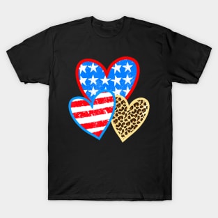 Summer Fashion 4th Of July Leopard American Flag Heart T-Shirt